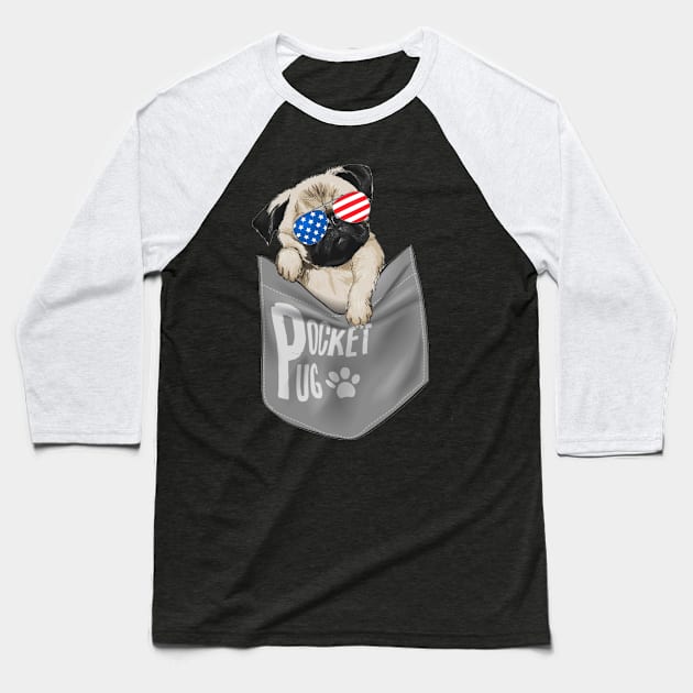 Pocket Pug American Flag 4th Of July Baseball T-Shirt by Rumsa